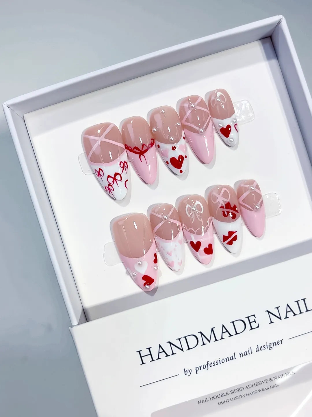 C448 - Medium Pink White Almond French tip Heart Bow VibeNailsLab