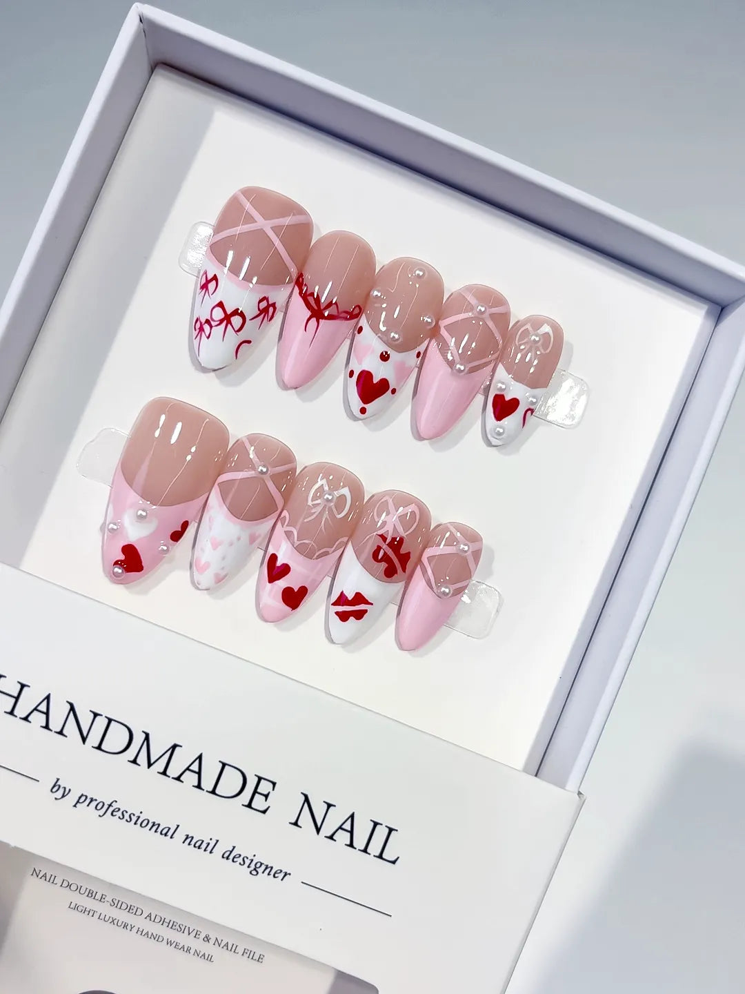 C448 - Medium Pink White Almond French tip Heart Bow VibeNailsLab