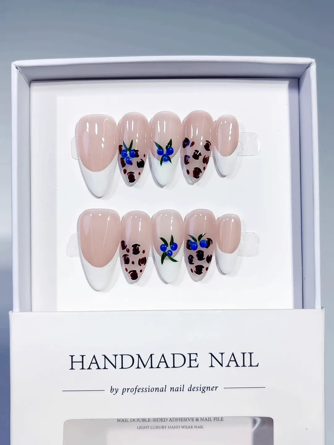 C449 - Medium Nude White Almond French tip Floral Animal Print VibeNailsLab