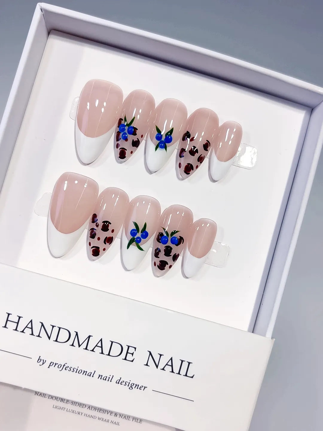 C449 - Medium Nude White Almond French tip Floral Animal Print VibeNailsLab