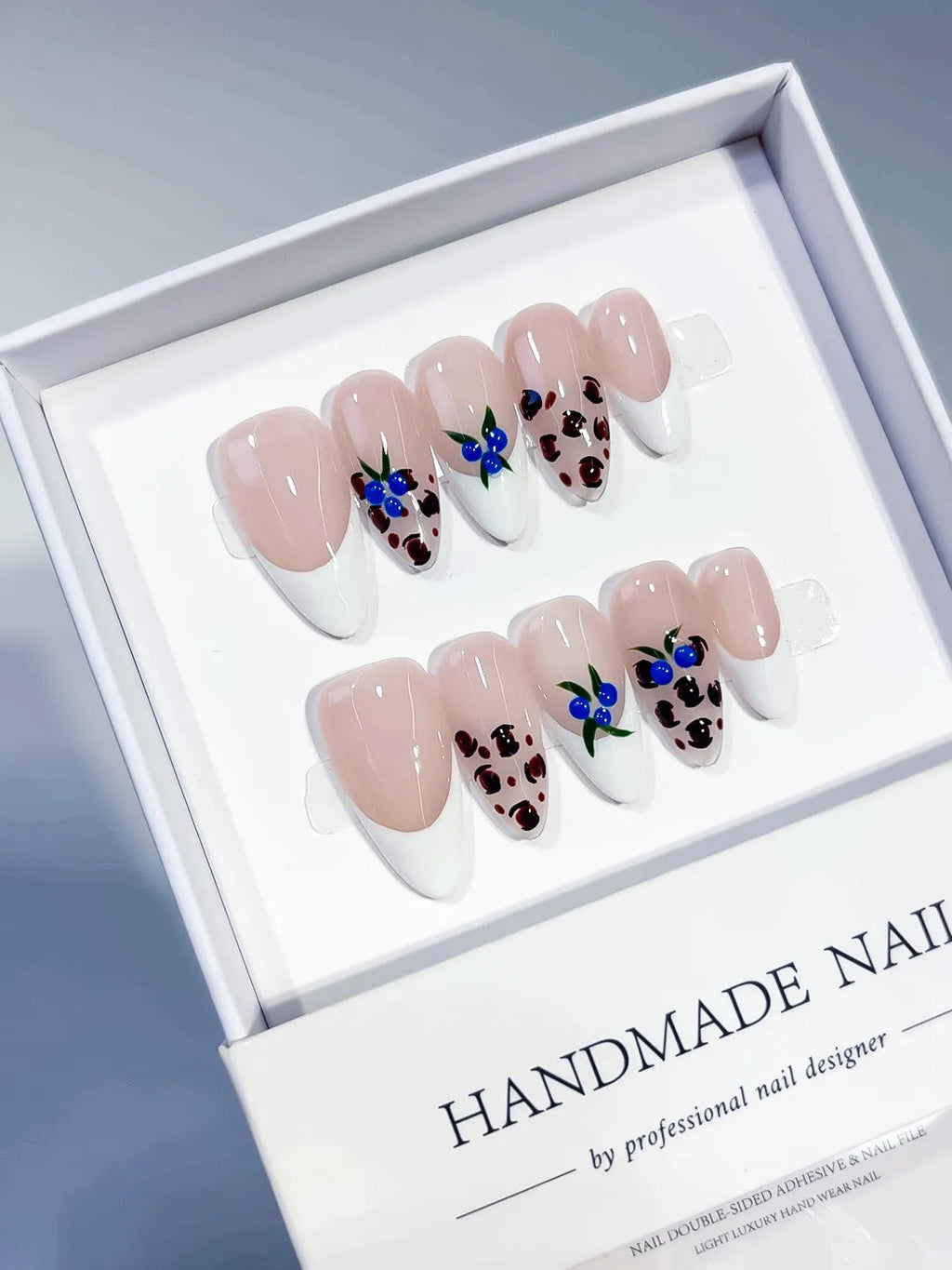 C449 - Medium Nude White Almond French tip Floral Animal Print VibeNailsLab