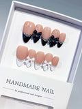 C451 - Medium Nude Black Almond French tip Bow Pearl VibeNailsLab