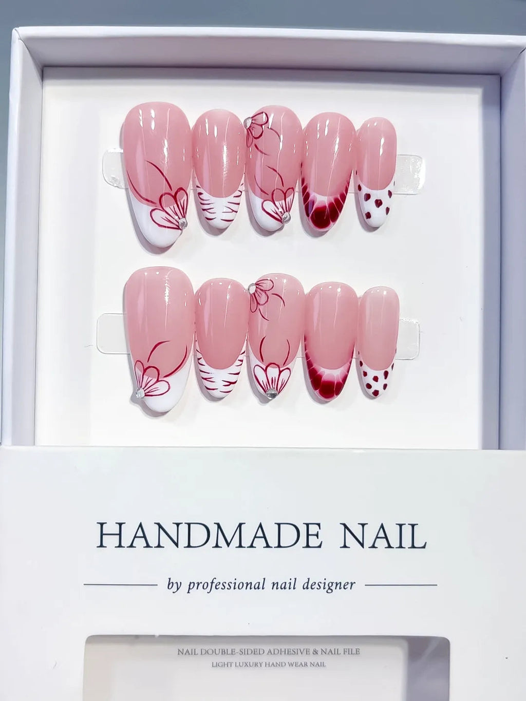 C453 - Medium Pink White Oval French tip Floral Dot Pattern VibeNailsLab