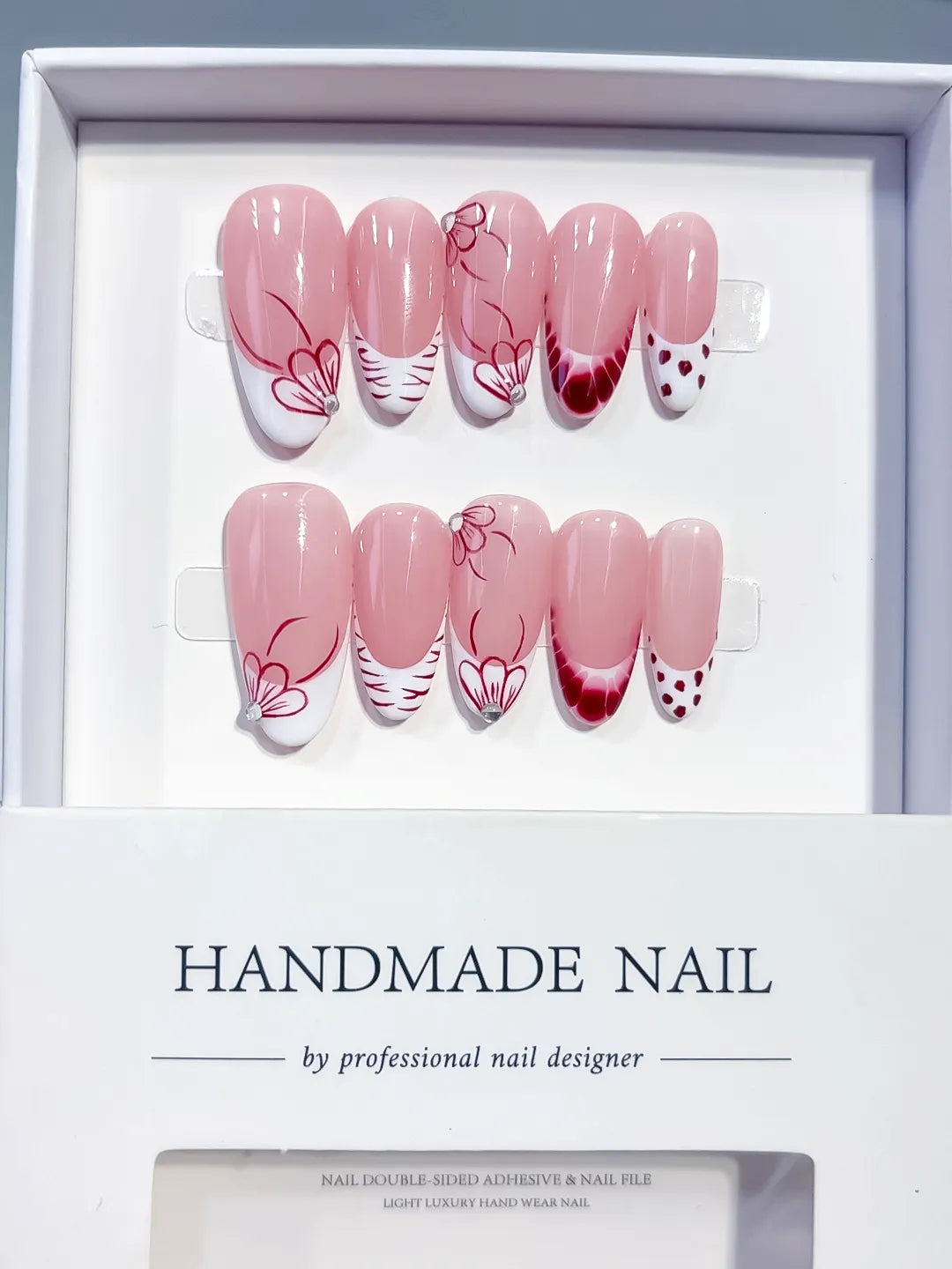 C453 - Medium Pink White Oval French tip Floral Dot Pattern VibeNailsLab