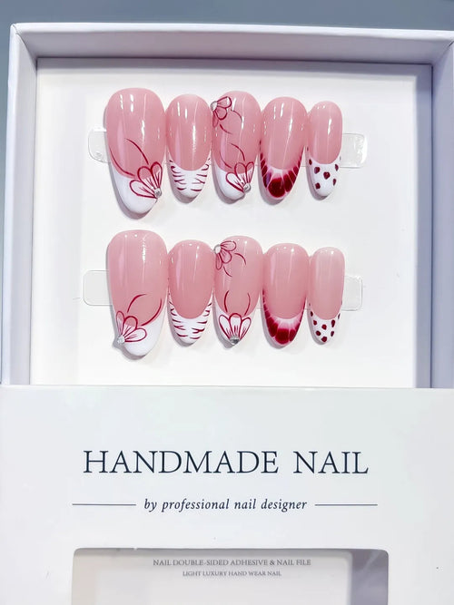 C453 - Medium Pink White Oval French tip Floral Dot Pattern VibeNailsLab