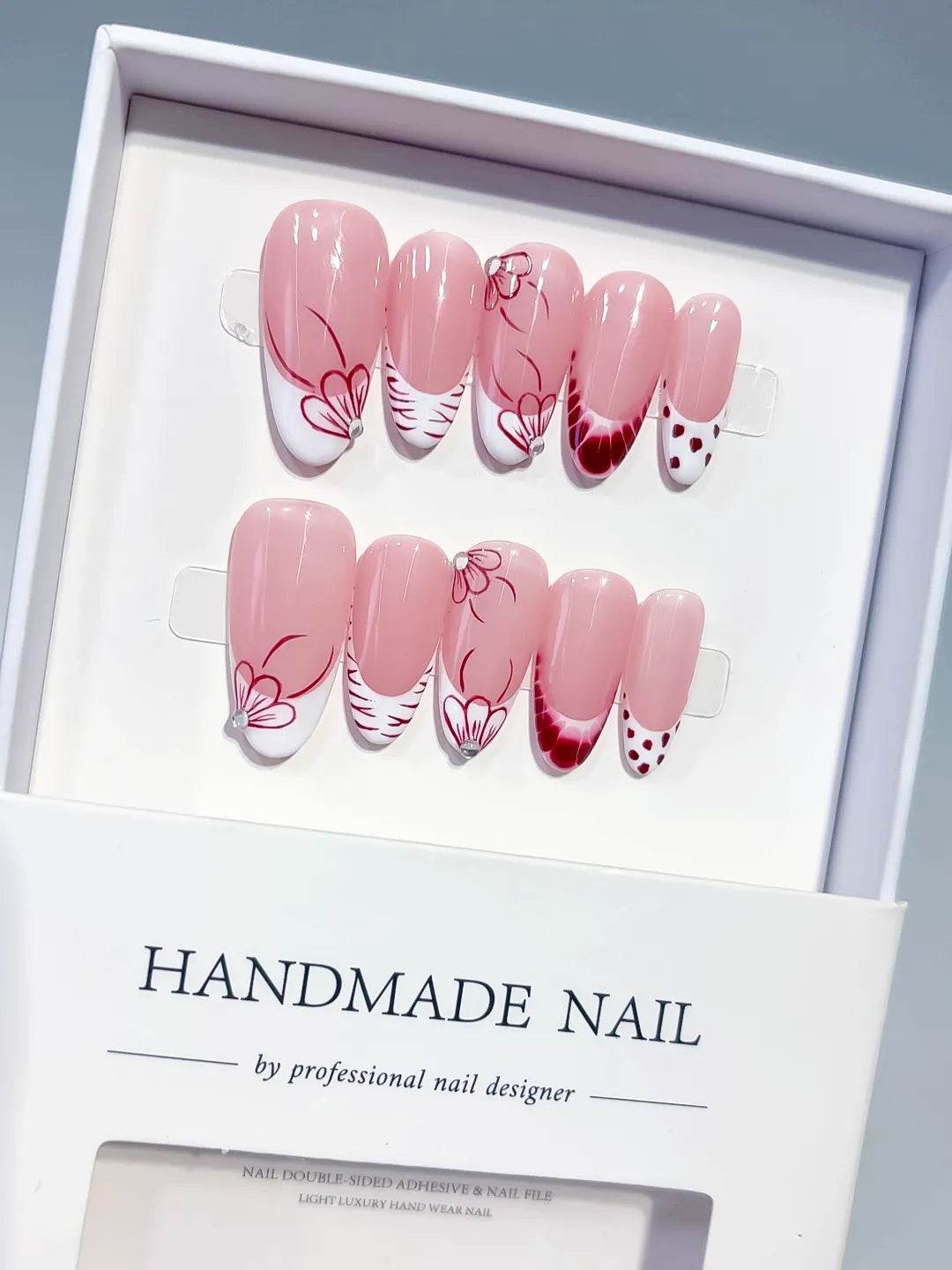 C453 - Medium Pink White Oval French tip Floral Dot Pattern VibeNailsLab