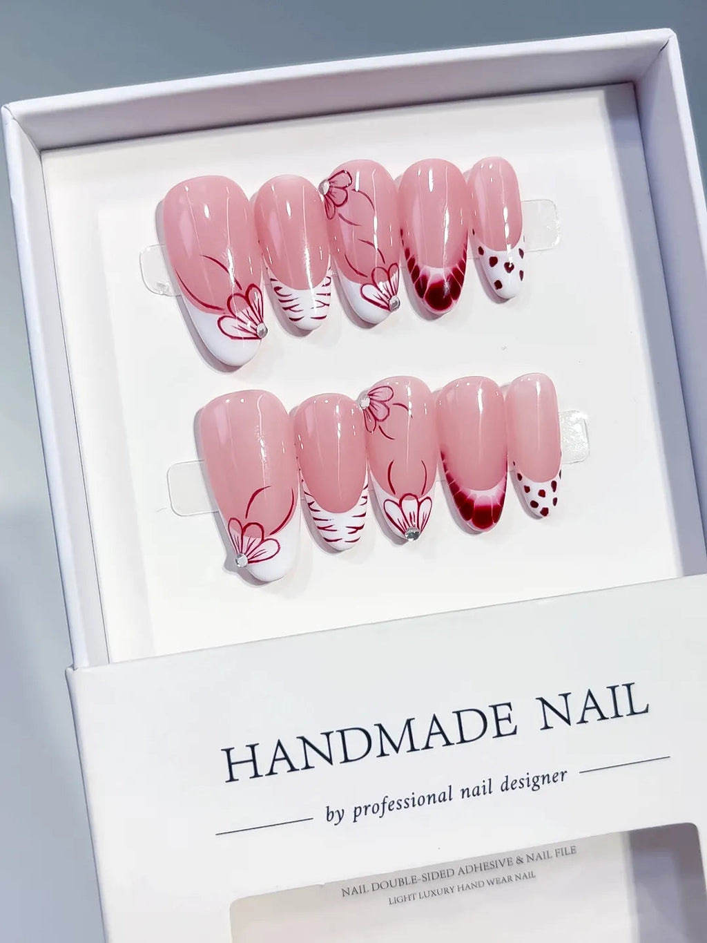 C453 - Medium Pink White Oval French tip Floral Dot Pattern VibeNailsLab