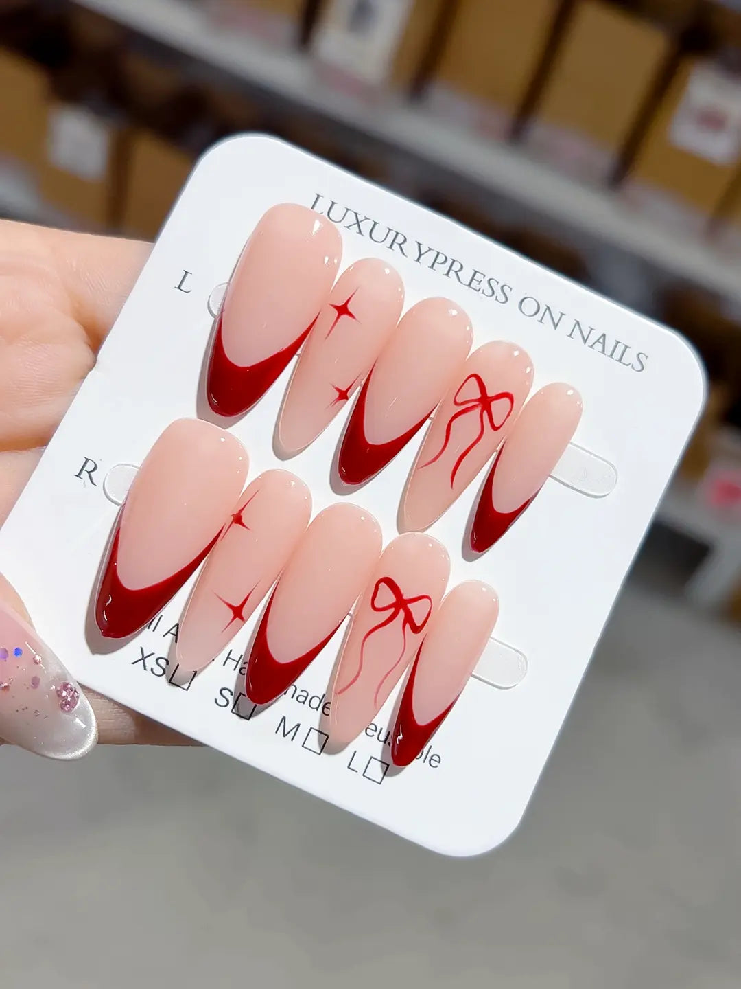 B102 - Long Nude Red Almond French tip Bow