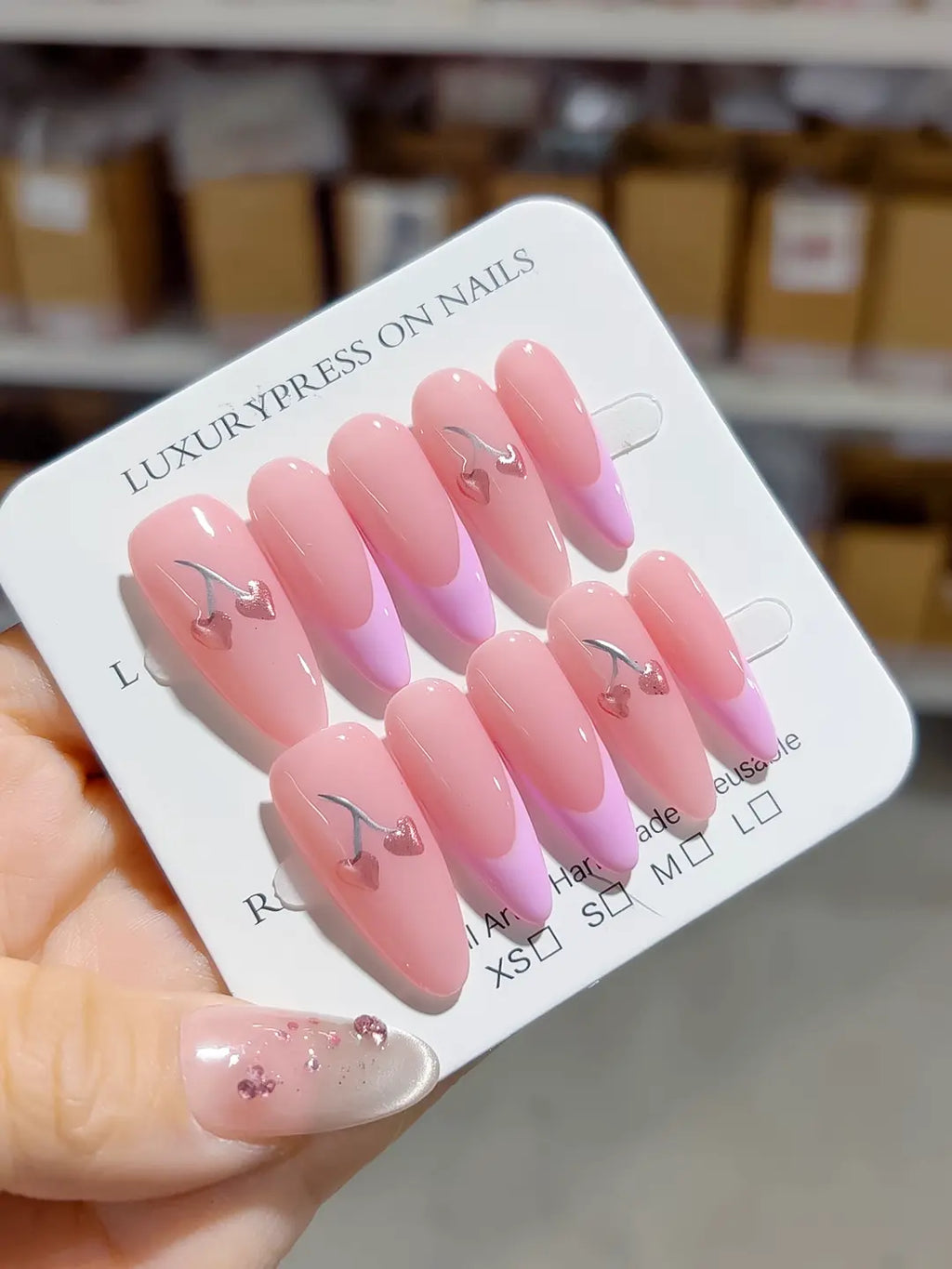 B103 - Long Pink Almond French tip Heart Cherry